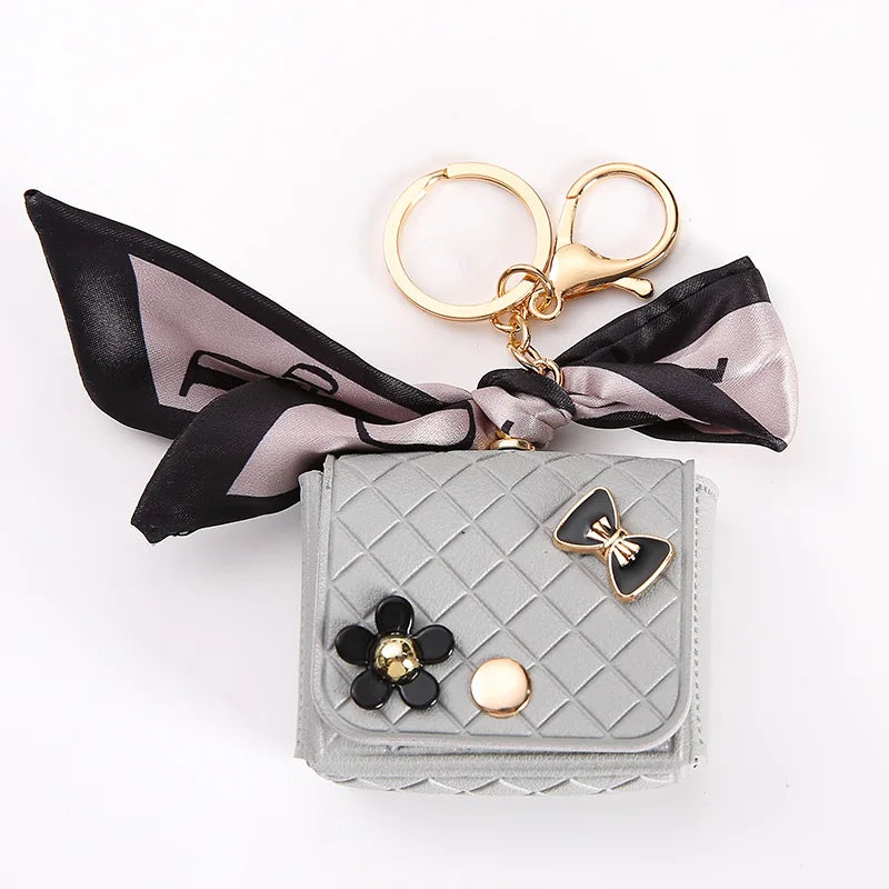 Korean Floral Bow Earphone Storage Keychain Bag Charm Leather Coin Purse 💖👜