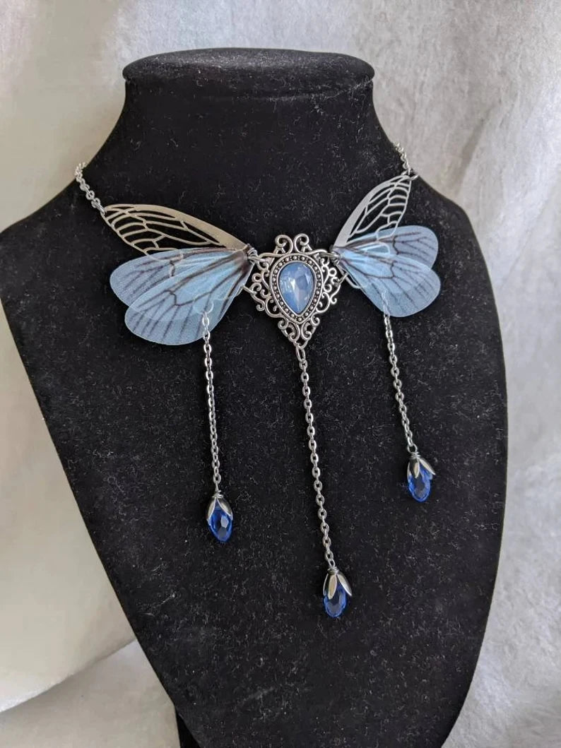 Kawaii Enchanted Faerie Queen Necklace ✨🧚‍♀️ with Wing Charm & Crystal Drops 🌸🌟