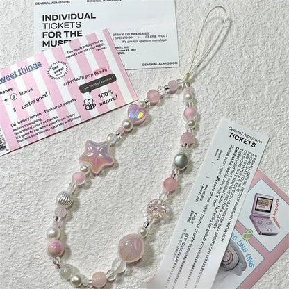 Korean Y2K Pink 3D Star Beaded Phone Lanyard Charm For All Phones 📱💗