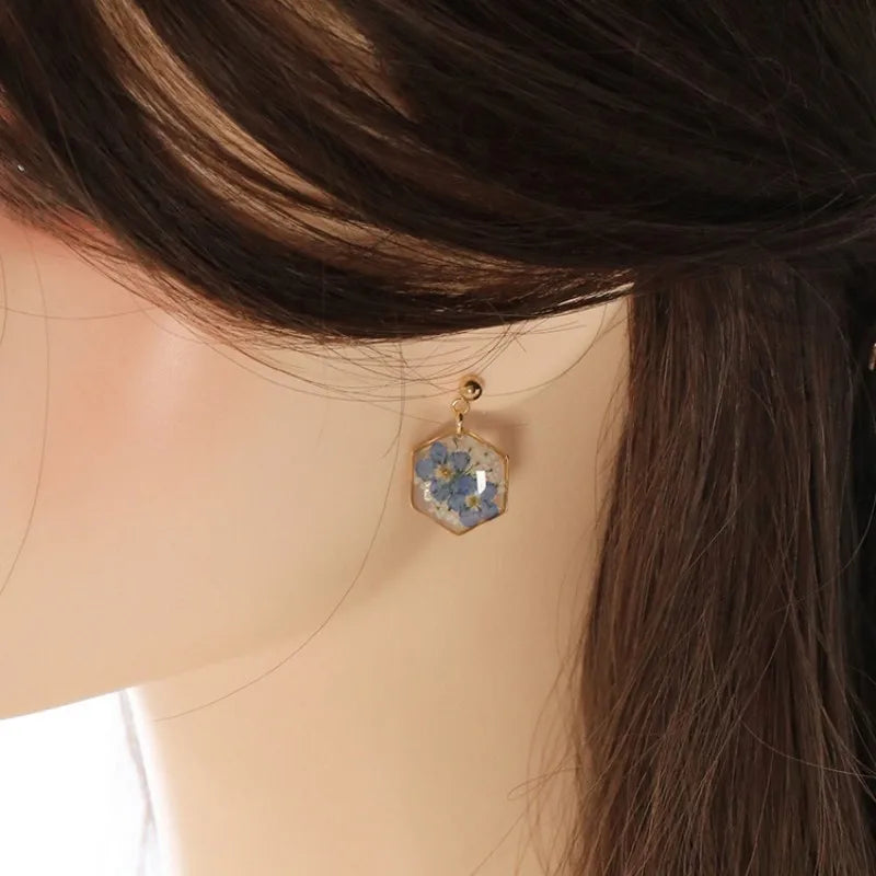 Elegant Pressed Flower Earrings For Women Natural Blue Floral Drop Earrings Handmake Epoxy Resin Plant Earring Jewelry Wholesale