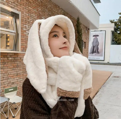 🥰 Kawaii Plush Rabbit Ears 3-Piece Winter Hat & Scarf Set 🐰✨