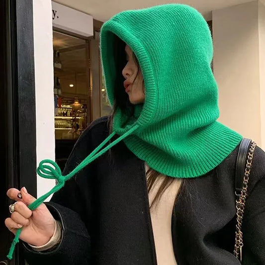 Knit Hooded Balaclava Beanie For Women Warm Winter Korean Style Drawstring 🐰