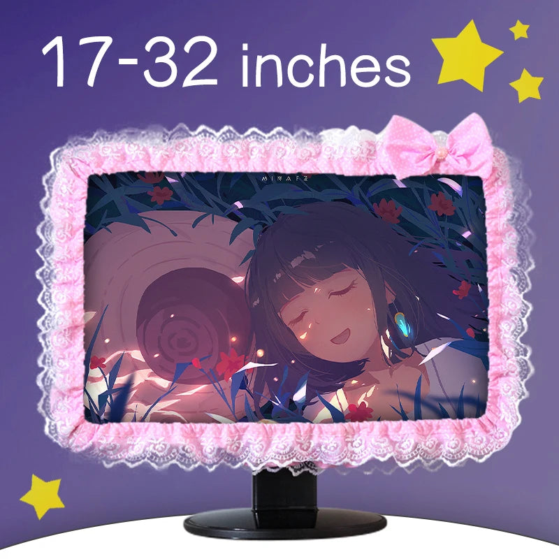 Kawaii Lace Computer Monitor Cover 🎀 | Dustproof & Adorable with Elastic Pen Pocket 💖 | Perfect for Desktop & Laptop 🌸