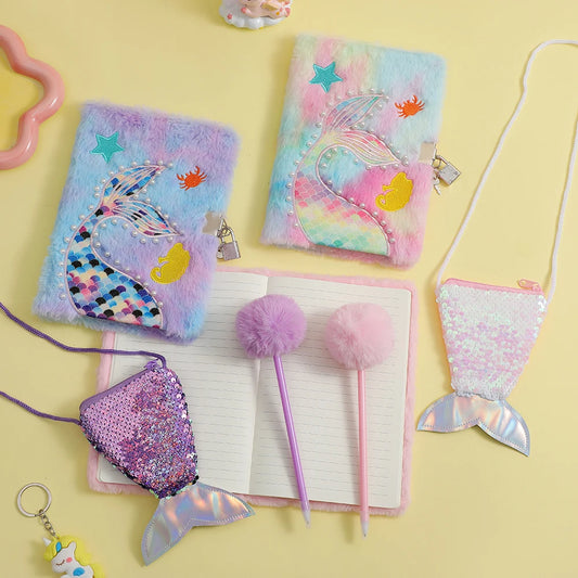 Kawaii Mermaid Plush Stationery Set 🧜‍♀️✨ - Fishtail Notebook, Cute Ballpoint Pen & Crossbody Bag for School & Office Supplies! 🌟📚🎒