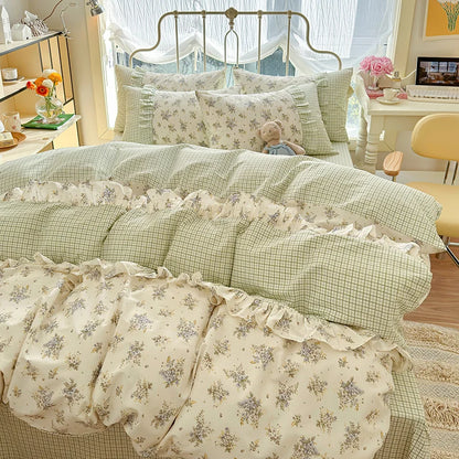 Kawaii 3-Piece Cotton Duvet Cover Set 🌸✨ (Duvet Cover + 2 Pillowcases) - Soft Floral Bedding with Korean Lace 🛏️💖