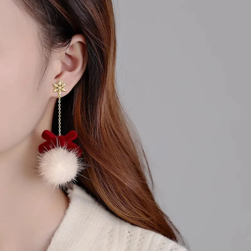 Cute Pom Pom Ball Bow Snowflake Elk Earrings For Women And Girls 🎀✨
