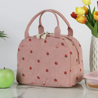 Kawaii Corduroy Lunch Bag 🌼🍓 | Insulated & Spacious Tote for Women, Girls & Kids - Perfect for Work, Travel & Picnics!