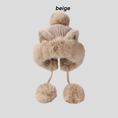 Cozy Cat Ear Beanie Hat For Women Warm Knit Two Fluffy Earflap Snow Beanie 🐱❄️