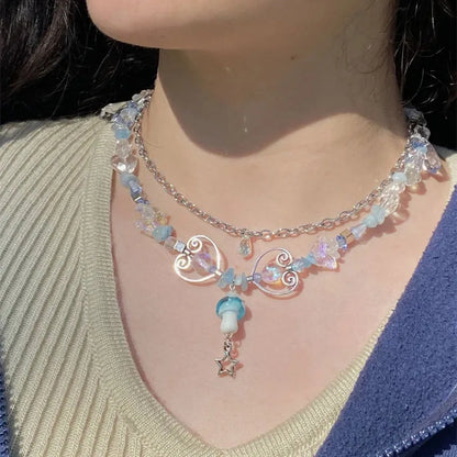 Kawaii Blue Mushroom Crystal Choker 🌈✨ | Grunge Aesthetic Pendant Necklace for Dreamy Fashion Lovers 🍄💖