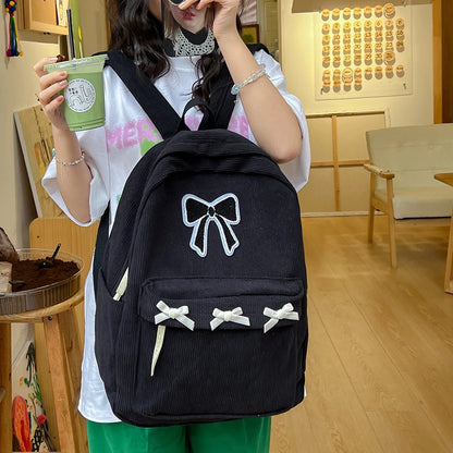 Charming Bowknot Corduroy Backpack 🎀✨ Cute Daypack for School & Travel 🦋🎒