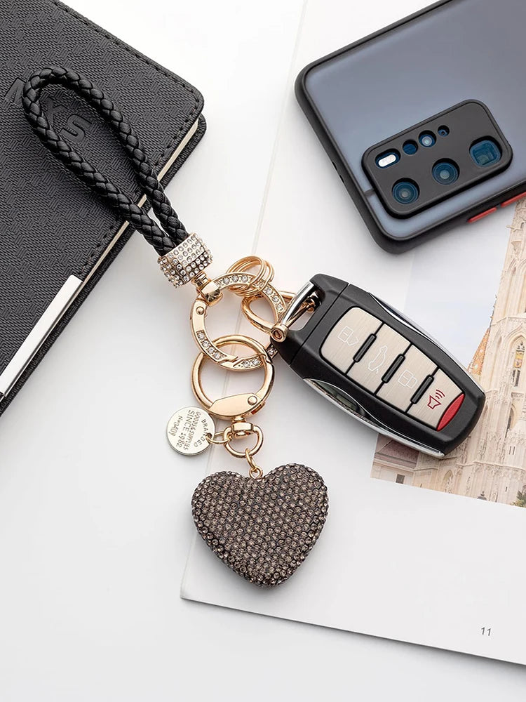 Sweet Heart Diamond Inlay Leather Rope Key Chain For Backpacks 👜💎🎀