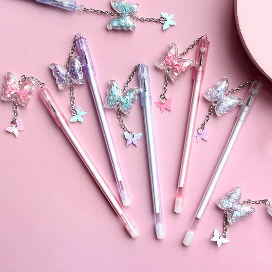 🐛✨ Colorful Butterfly Pendant Gel Pens Set - 10Pcs Cute Sequin & Smooth Writing for Kids! 🖊️💕