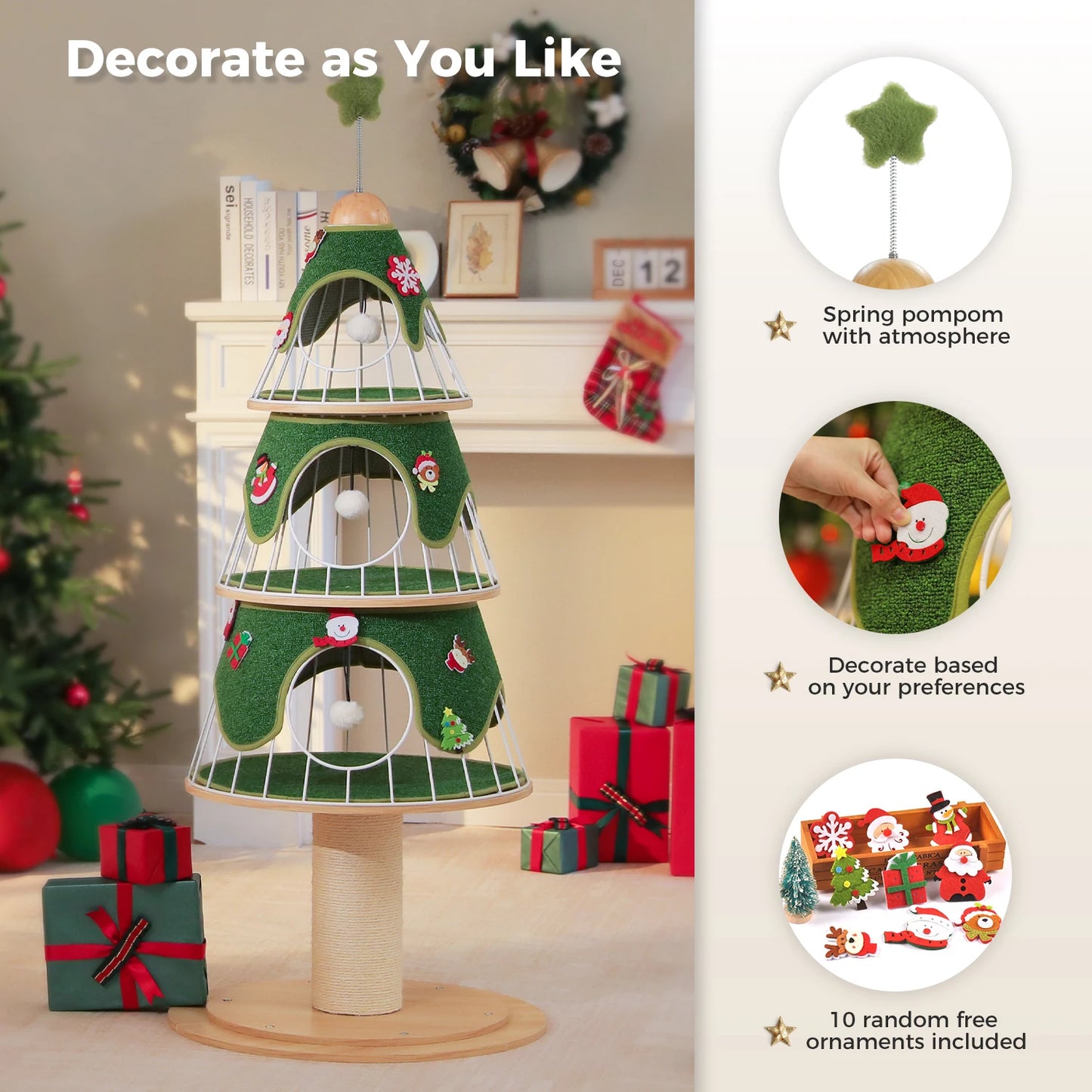Christmas Cat Tree Tower With 4 Tiers, Wood Post, 3 Condos, Replaceable Mat 🐾🎄