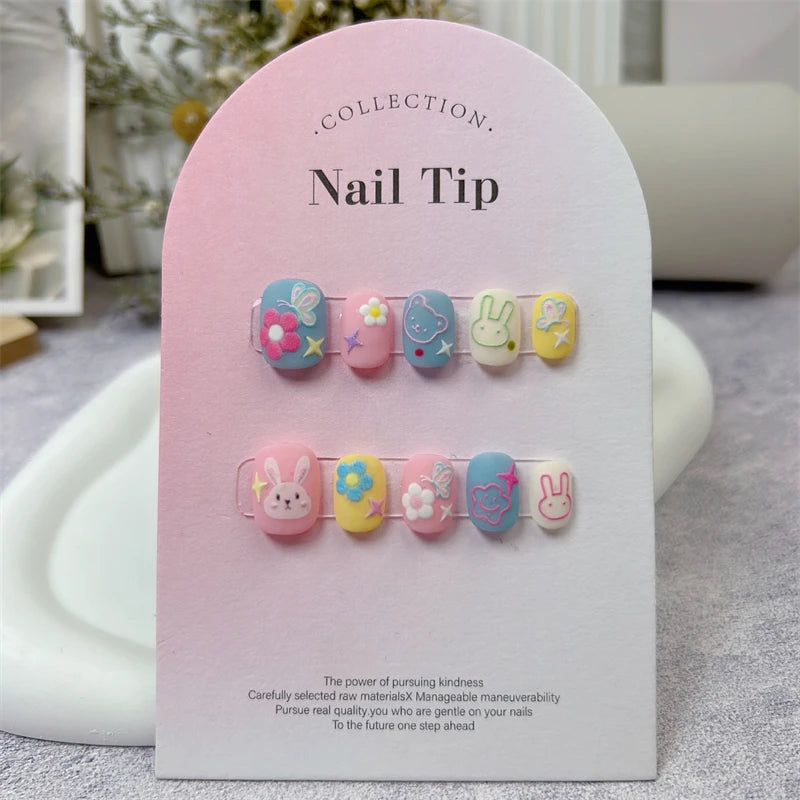 Kawaii Handmade Rabbit Press-On Nails 🐰✨ | Adorable Short Round Tips for Cute Nail Art 💅💕