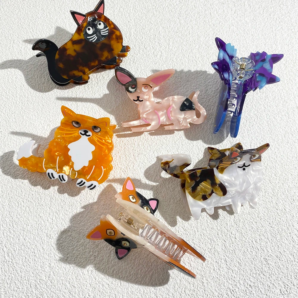 Retro Leopard Cat Acetate Hair Claw Clip For Thick Hair Cute Floral Barrette 🐾✨