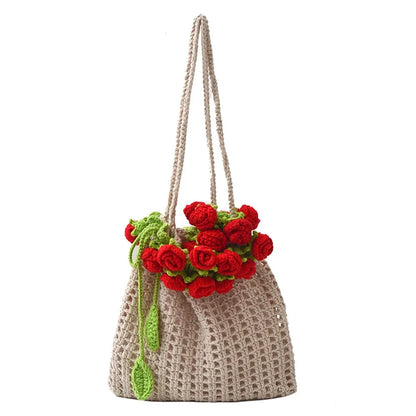 Rose Crochet Handbag Cute Spring Knitted Shoulder Bag Floral Bloom 🌸💖