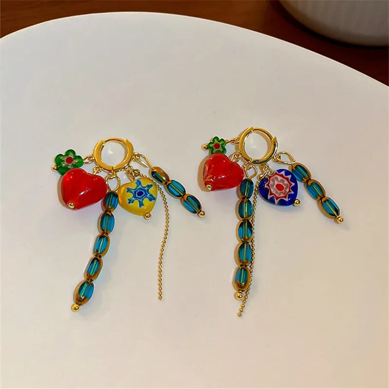 Kawaii Heart-Shaped Beaded Earrings 💖✨ | Trendy Colorful Drop Earclips for Fun Parties & Vintage Vibes