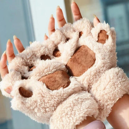 Kawaii Cat Paw Half Finger Gloves 🐾❄️ Cozy & Cute Fluffy Design!