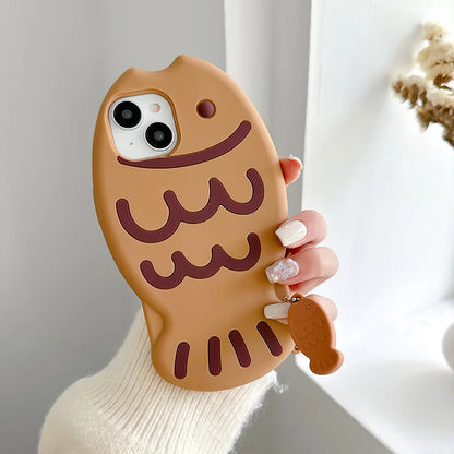 Adorable 3D Kawaii Taiyaki Fish Phone Case for iPhone 16/15/14/13/12/11 🐟💖 | Shockproof Soft Silicone Cover with Cute Animal Design!