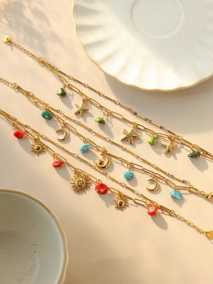 Pastel Moon Sun Starfish Pendant Double Layer Natural Stone Bracelet For Women Waterproof Beach Party Gift 🪸🌙✨💖