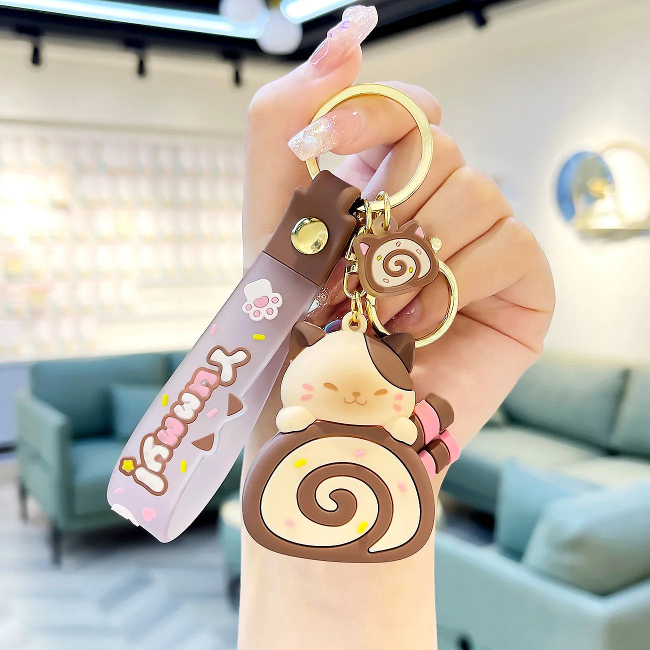 Cute Cat Keychain Charm PVC Cake Roll Key Ring For Bags And Gifts 🐱🍰🎀