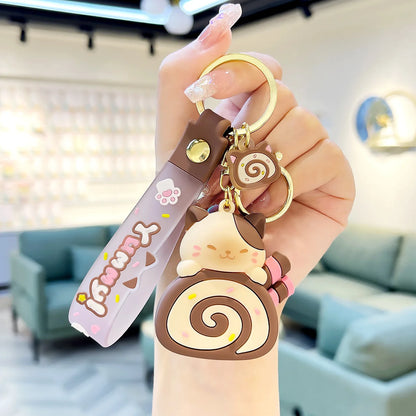 Cute Cat Keychain Charm PVC Cake Roll Key Ring For Bags And Gifts 🐱🍰🎀