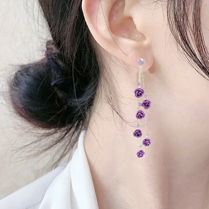 🌹✨ Kawaii Rose Drop Earrings for Women - Trendy Alloy Tassel Jewelry with Sparkling Rhinestones! 💖👗