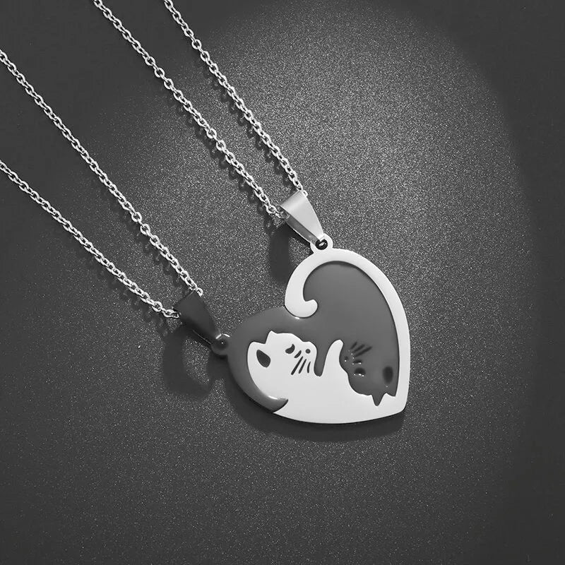 Kawaii Cat Couple Love Necklace 🐾💕 | Trendy Stainless Steel BFF Pendant Jewelry Gift for Friends & Lovers!