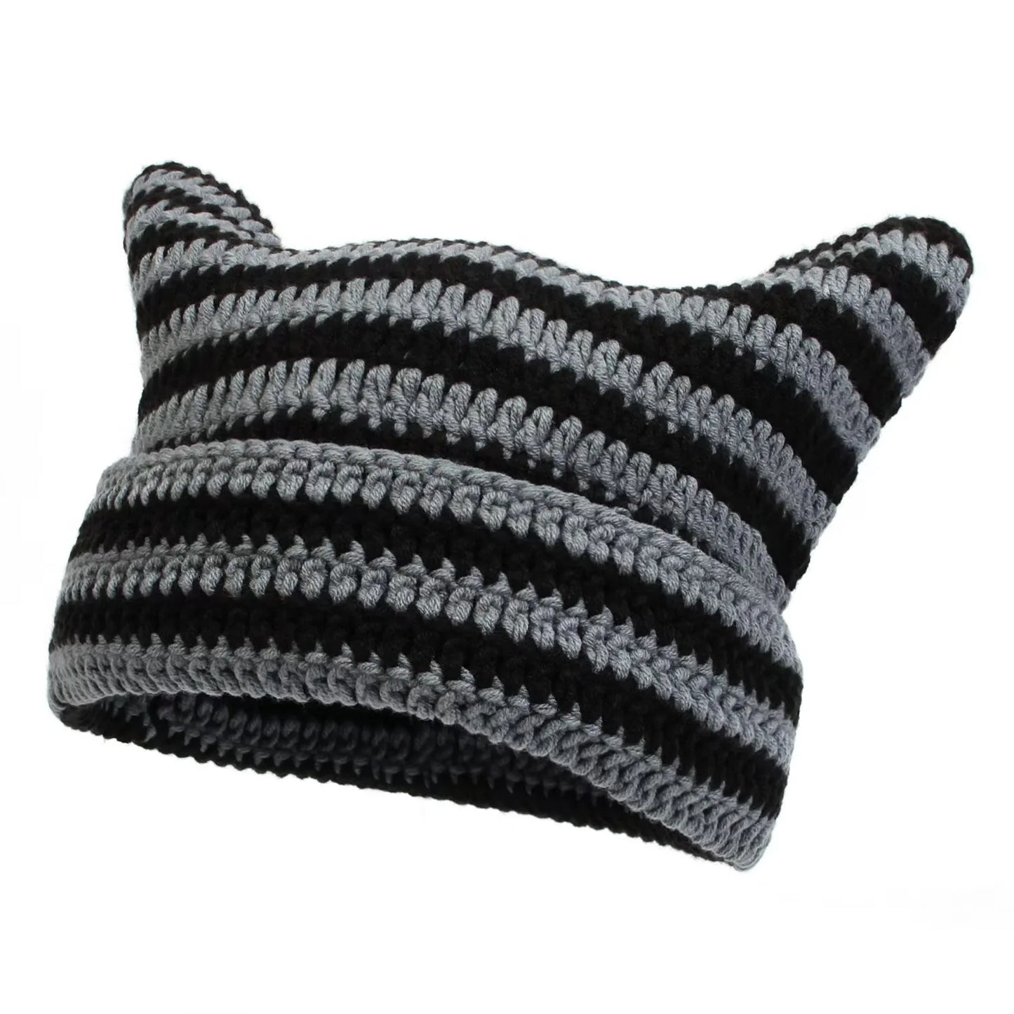 Kawaii Little Devil Striped Cat Ears Beanie 🐾✨ Cozy Knitted Hat for Trendy Autumn/Winter Fashion 🌟