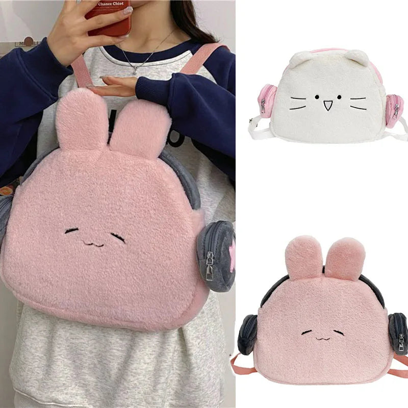 Bunny Earphone Backpack 🐰💕 - Cute Rabbit Head Design, Spacious & Stylish Schoolbag for Women!