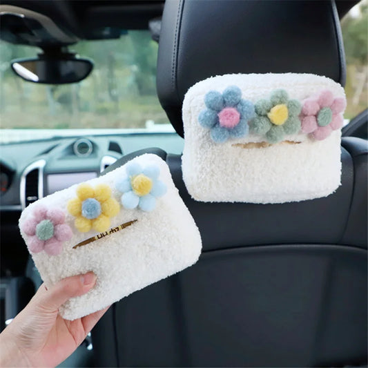 Kawaii Plush Flower Car Tissue Box 🌸✨ Hanging Organizer for Visor - Adorable Auto Accessory! 🚗💖