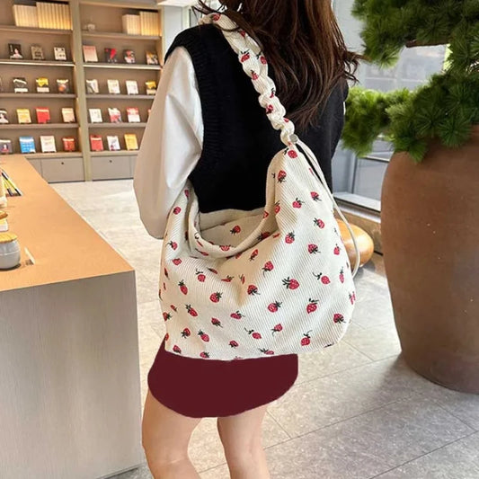 Cute Strawberry Print Corduroy Bucket Bag 🍓✨ | Stylish Pleated Crossbody Messenger Handbag for Women 💖