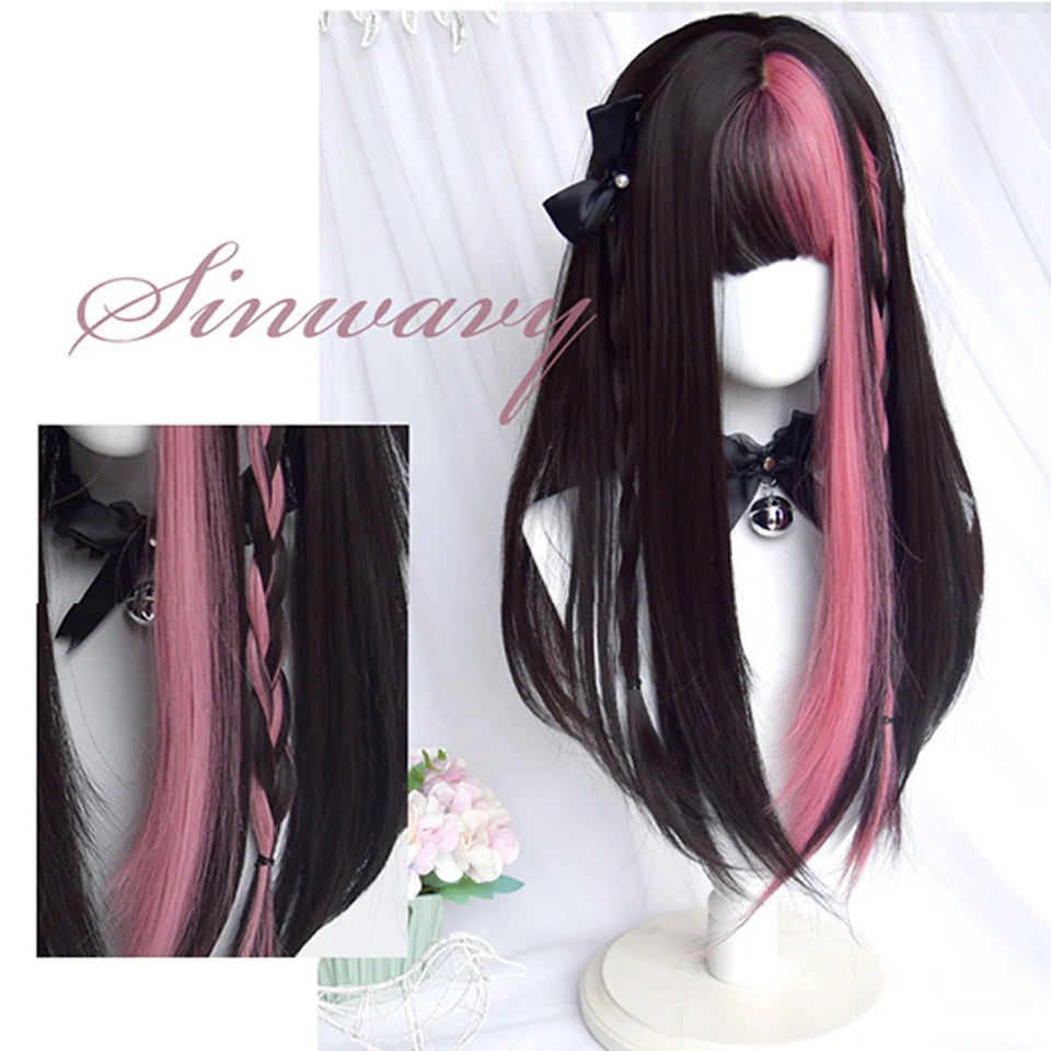 Kawaii Long Black & Red Wavy Wig 💖✨ - Cosplay & Daily Use with Bangs 🎀 | Harajuku Style!