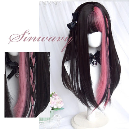 Kawaii Long Black & Red Wavy Wig 💖✨ - Cosplay & Daily Use with Bangs 🎀 | Harajuku Style!