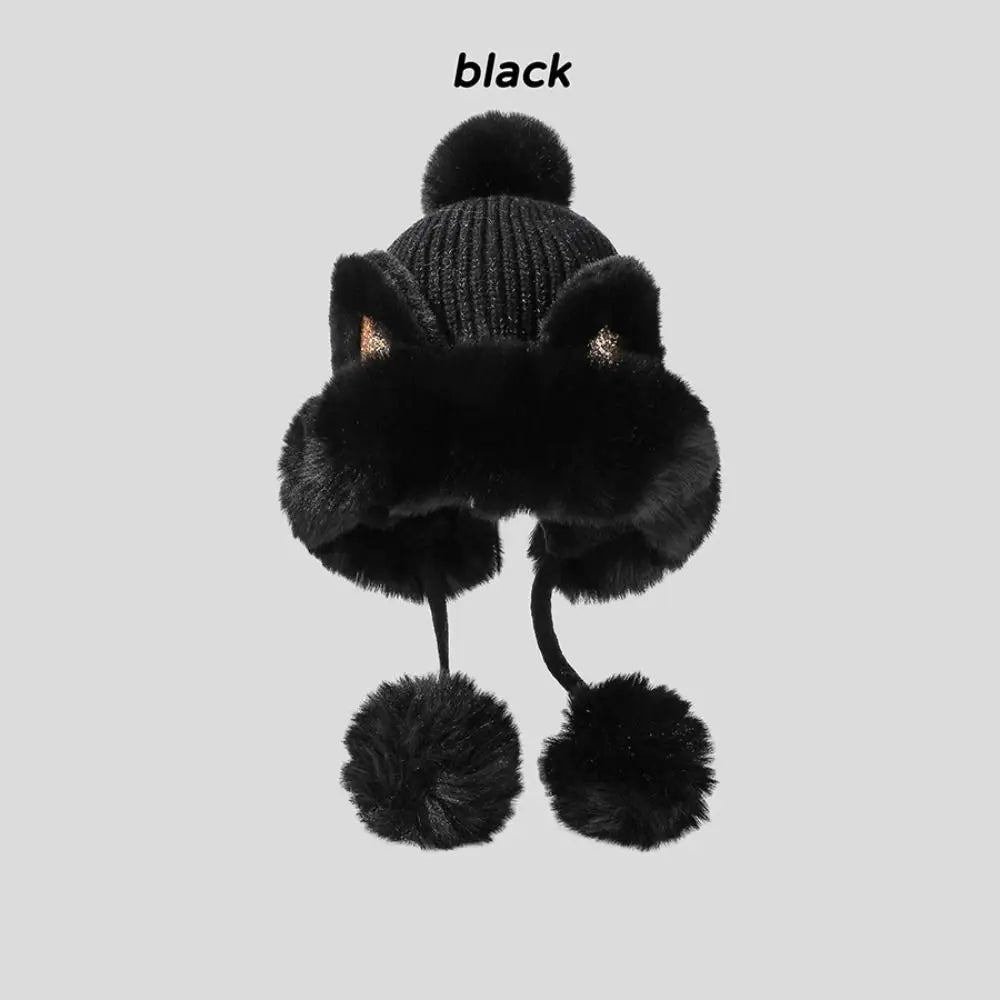 Cozy Cat Ear Beanie Hat For Women Warm Knit Two Fluffy Earflap Snow Beanie 🐱❄️