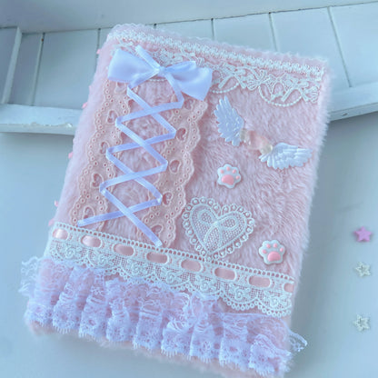 Pink Plush A5 Photo Card Binder For Kpop Fans Cute Wings Ballet Ribbon Idol Album With Lace Decor 🩷🎀📷