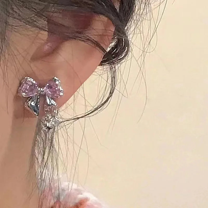 Kawaii Bowknot Pink Crystal Stud Earrings ✨💖 | Fashionable Zircon Jewelry for Women 🌸🎀 | Perfect Gift for Party Girls!