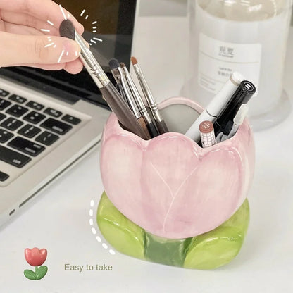 Kawaii Ceramic Flower Pen Holder 🌸 Cute Girl Desktop Organizer 🖊️ Adorable Office Storage Box 💖