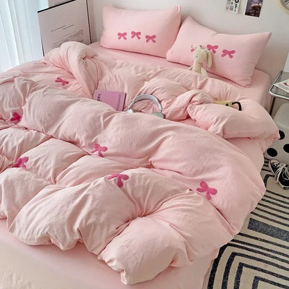 Whimsical Pink Bow Duvet Set 🌸✨ - Enchant Your Bedroom with 3D Embroidery & Cozy Comfort! 💤💖