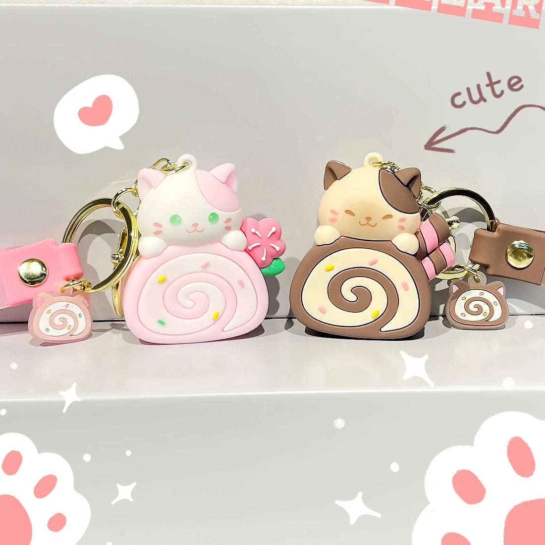 Adorable Cat Cake Roll Keychain 🐾💕 - Pixie Quill