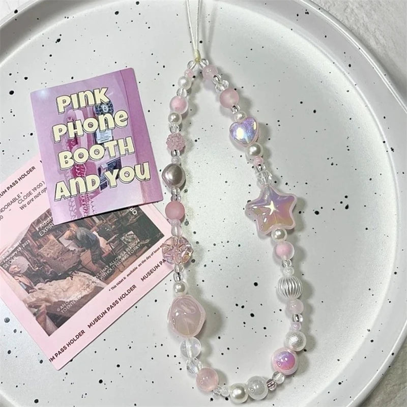Korean Y2K Pink 3D Star Beaded Phone Lanyard Charm For All Phones 📱💗