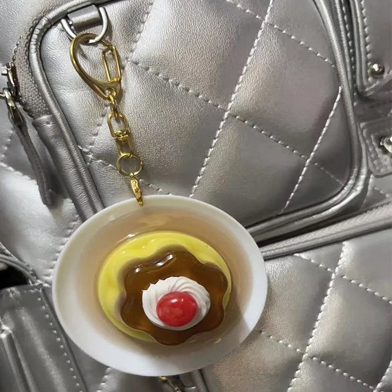 Sweet Pudding Keychain Pendant With Cherry and Tiny Fish Charm 🍒🐟