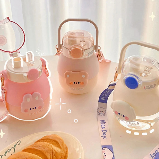 Adorable Bear 1080ml Water Bottle 🐻💖 - Fun & Functional BPA-Free Drink Buddy for Kids with Straw & Strap! 🌈✨ - Pixie Quill