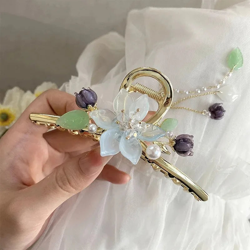 Kawaii Orchid Flower Pearl Tassel Hair Clip 🌸✨ | Adorable Ponytail Grabber for Girls | Trendy Fashion Hair Accessory!