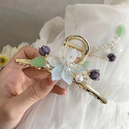 Kawaii Orchid Flower Pearl Tassel Hair Clip 🌸✨ | Adorable Ponytail Grabber for Girls | Trendy Fashion Hair Accessory!