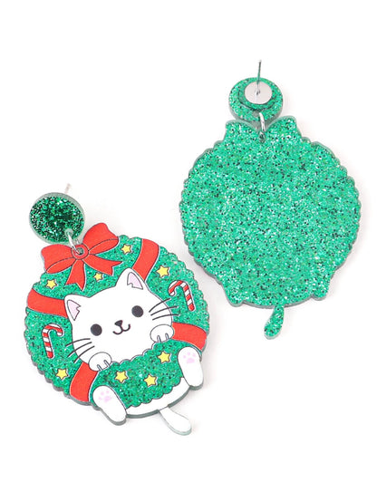 Christmas Acrylic Wreath Drop Earrings Women Dog Cat Glitter Cute New Year 🎄🐶🐱
