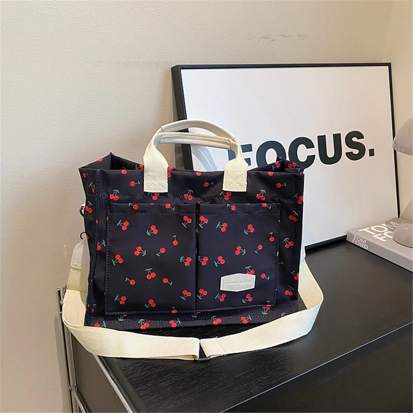 Kawaii Cherry Blossom Tote Bag 🍒✨ - Cute Multi-Pocket Canvas Handbag for Women | Perfect for Work & Travel ❤️👜
