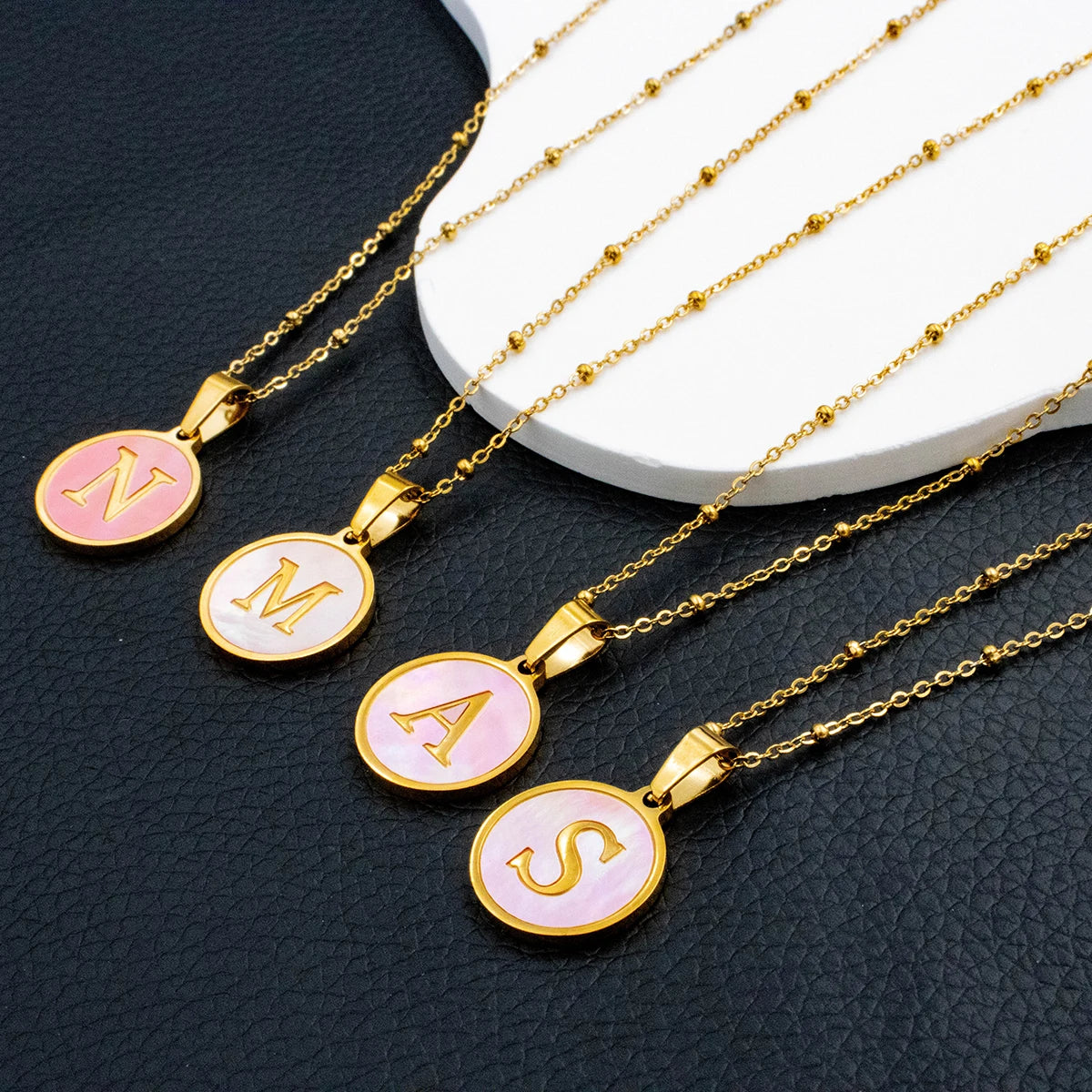 Pink Round Shell 26 Letter Alphabet Pendant Necklace Stainless Steel Charm 💗🪸