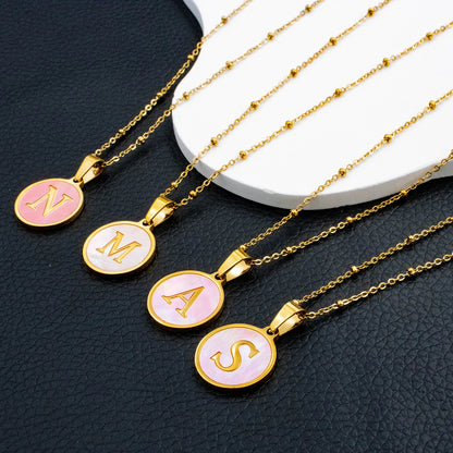 Pink Round Shell 26 Letter Alphabet Pendant Necklace Stainless Steel Charm 💗🪸