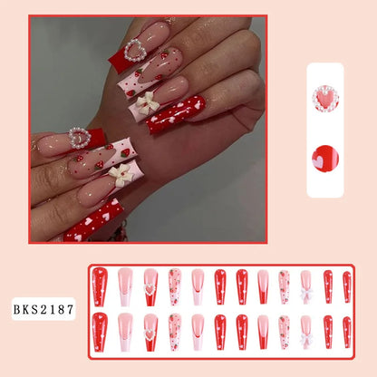 Kawaii Strawberry Heart Press-On Nails 🎀💕 - 24 Pcs Cute Pink Dot & Pearl Design for Nail Art